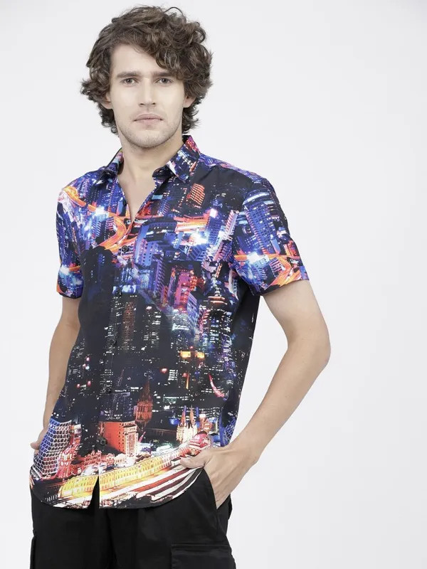 Highlander Men Blue Printed Slim Fit Casual Shirt