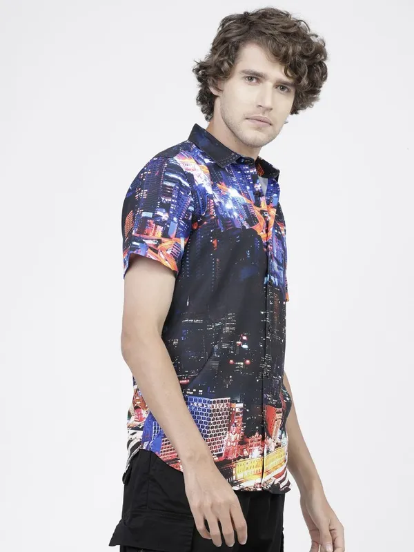 Highlander Men Blue Printed Slim Fit Casual Shirt