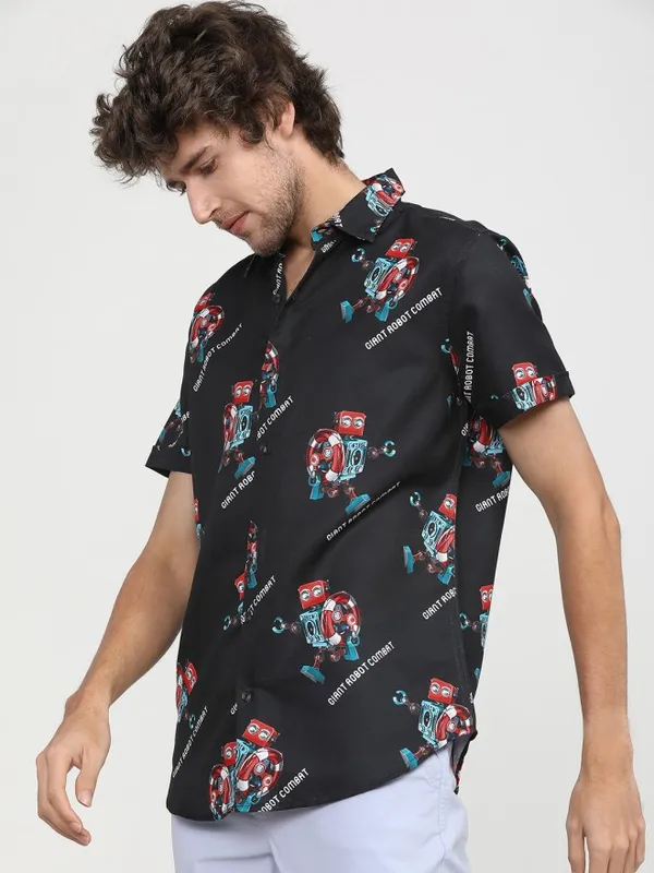 Highlander Men Black Printed Slim Fit Casual Shirt