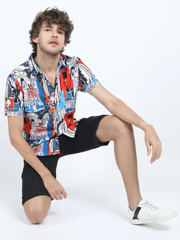 Highlander Men White Printed Slim Fit Casual Shirt