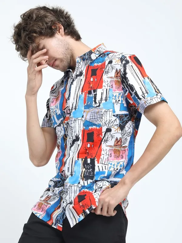 Highlander Men White Printed Slim Fit Casual Shirt