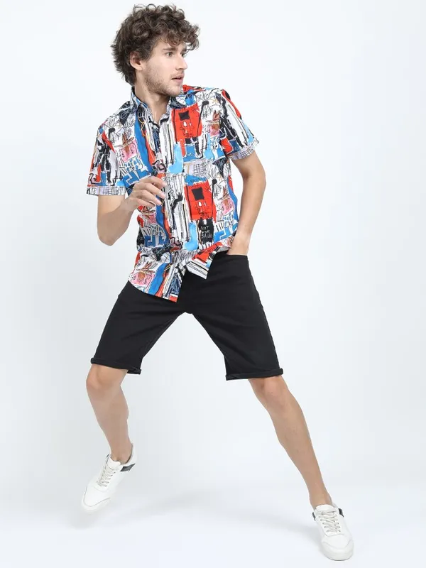 Highlander Men White Printed Slim Fit Casual Shirt