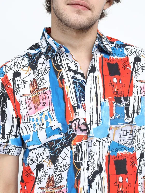 Highlander Men White Printed Slim Fit Casual Shirt