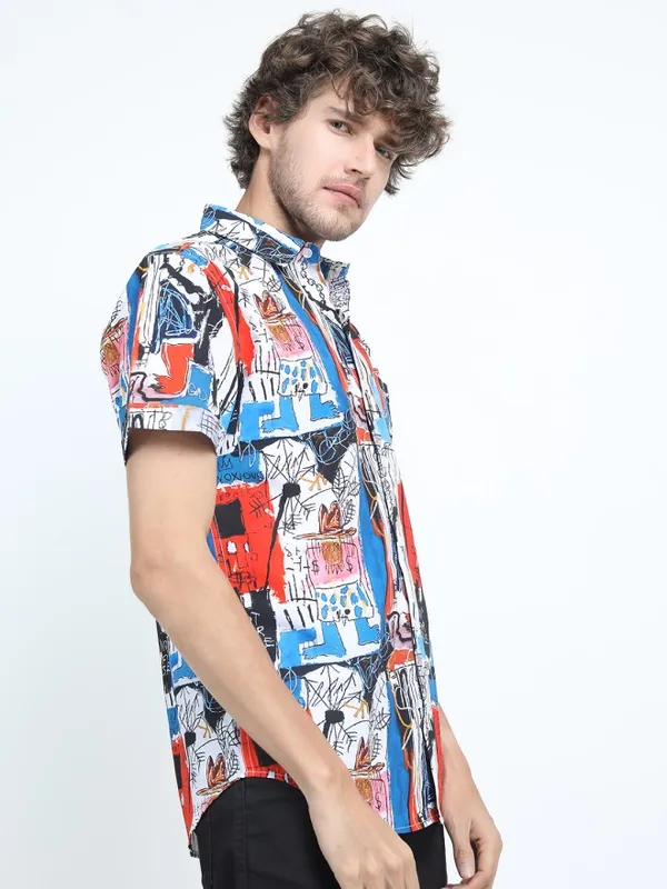 Highlander Men White Printed Slim Fit Casual Shirt