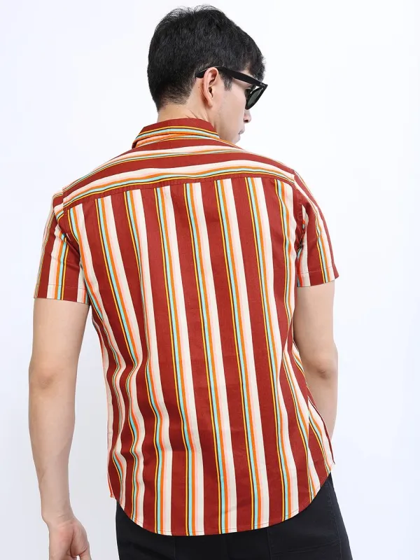 Highlander Men Maroon Striped Slim Fit Casual Shirt