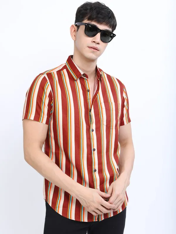 Highlander Men Maroon Striped Slim Fit Casual Shirt
