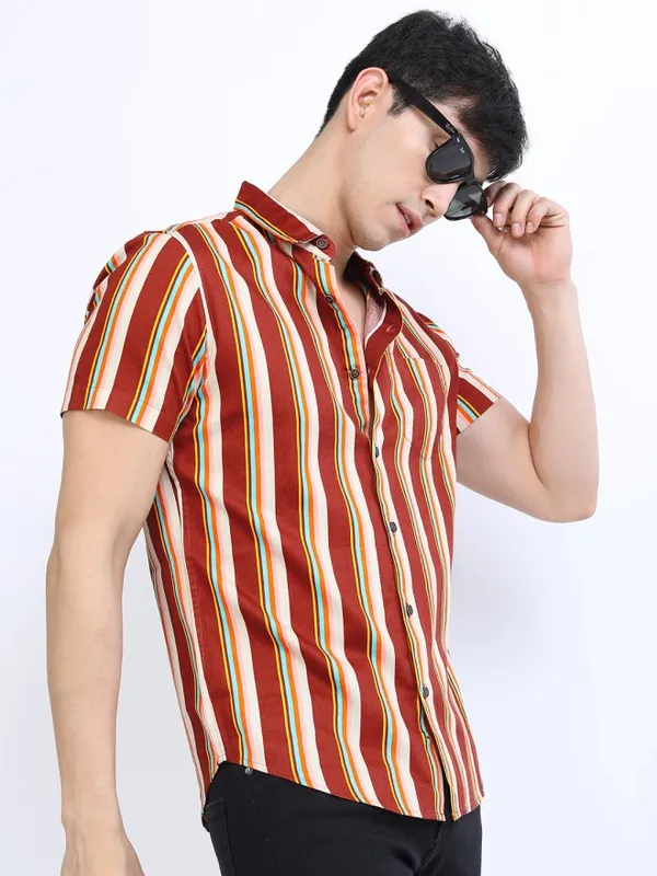 Highlander Men Maroon Striped Slim Fit Casual Shirt