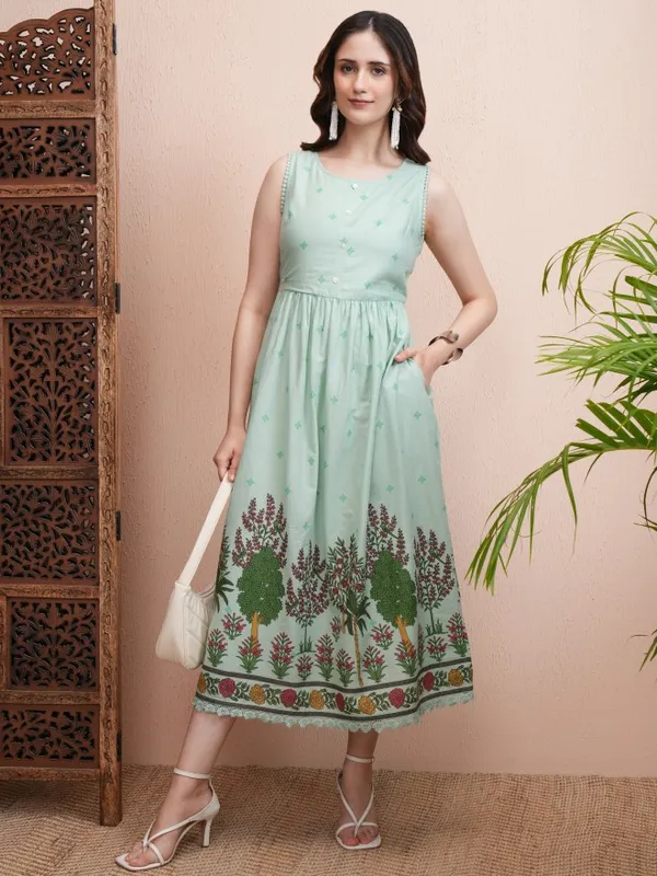 Vishudh Women Sea Green Printed Fit and Flare Dress