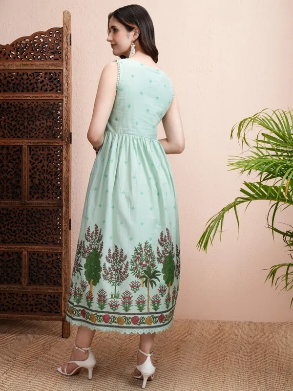 Vishudh Women Sea Green Printed Fit and Flare Dress