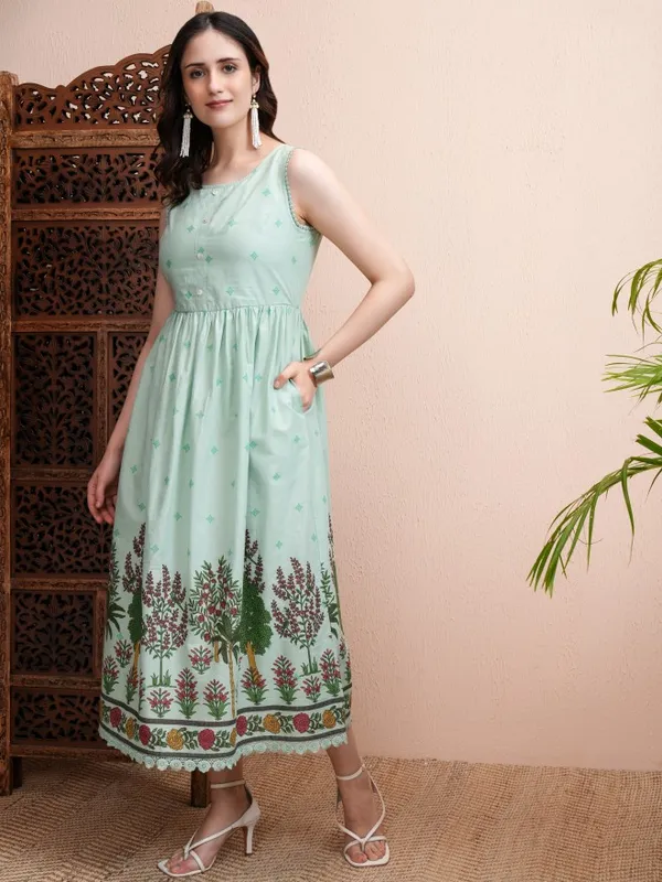 Vishudh Women Sea Green Printed Fit and Flare Dress