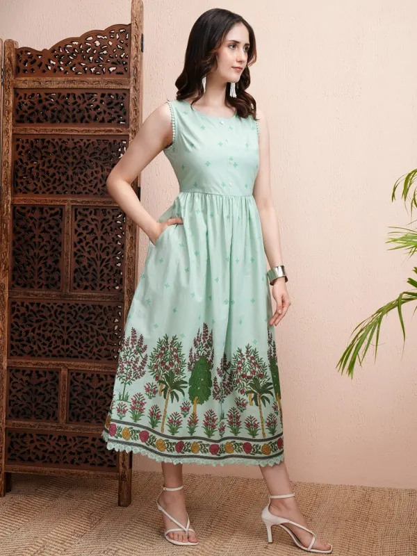 Vishudh Women Sea Green Printed Fit and Flare Dress