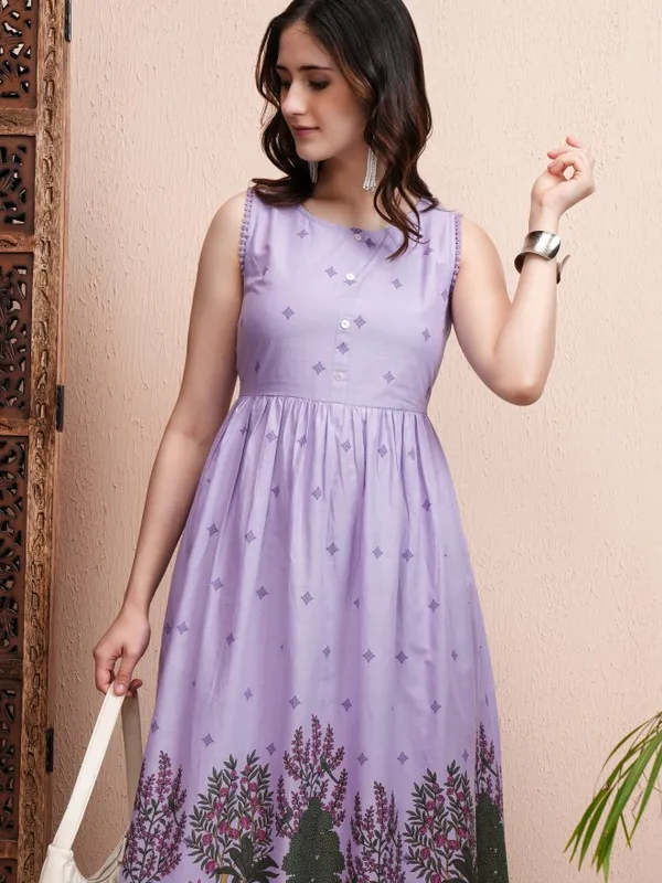 Vishudh Women Lavender Printed Fit and Flare Dress