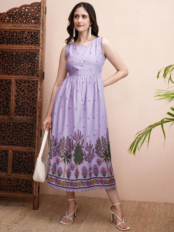 Vishudh Women Lavender Printed Fit and Flare Dress