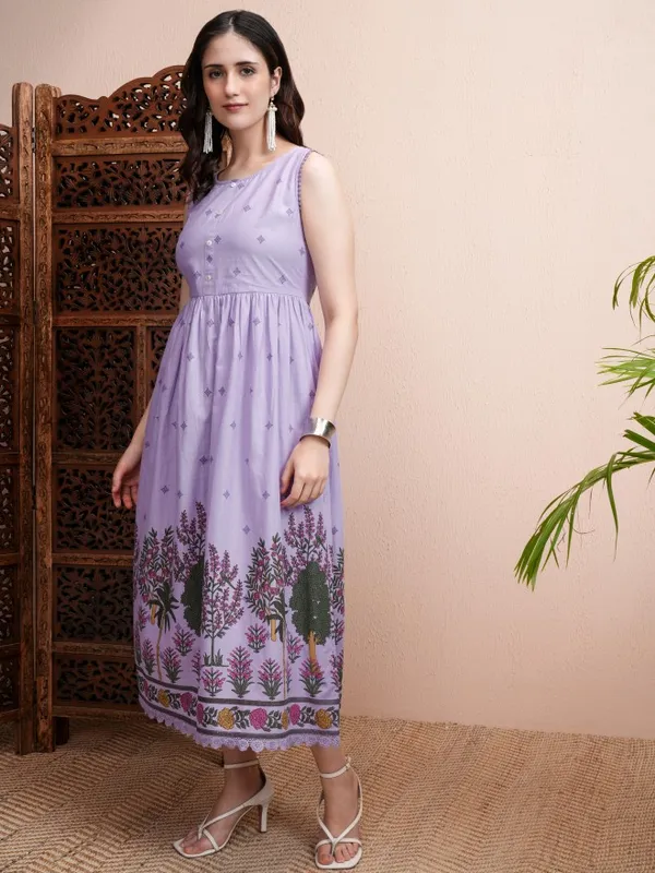 Vishudh Women Lavender Printed Fit and Flare Dress