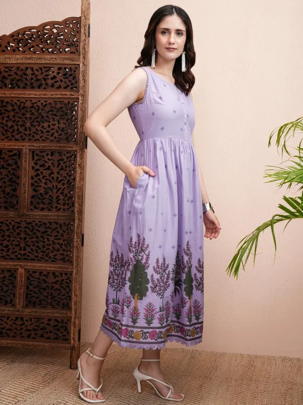 Vishudh Women Lavender Printed Fit and Flare Dress