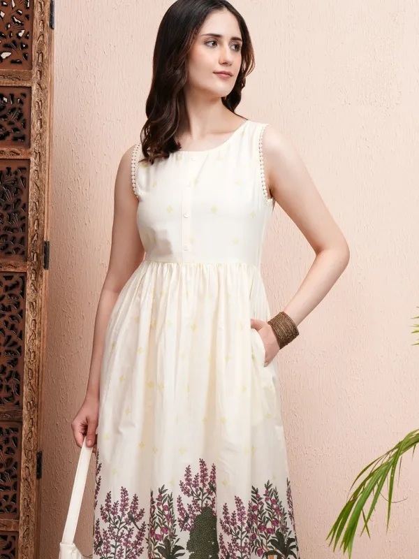 Vishudh Women Cream Printed Fit and Flare Dress
