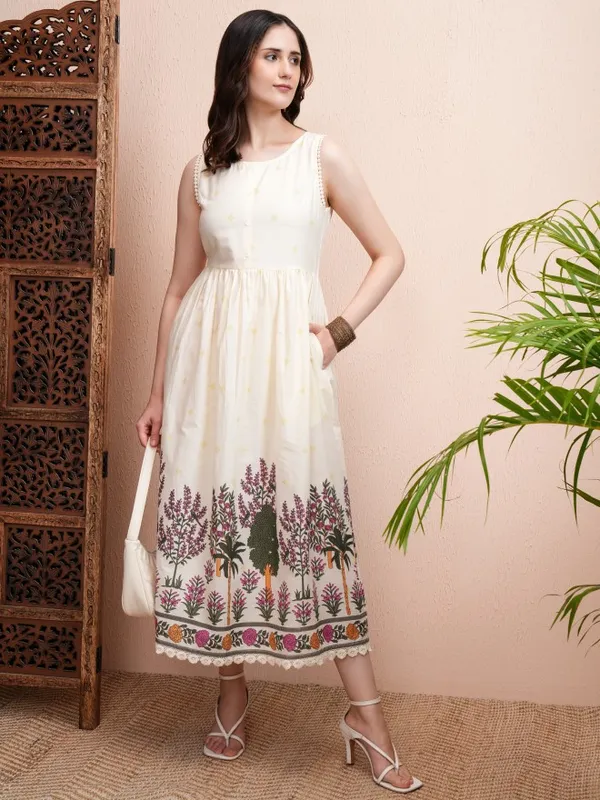 Vishudh Women Cream Printed Fit and Flare Dress