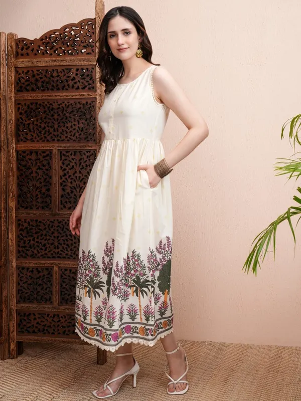 Vishudh Women Cream Printed Fit and Flare Dress