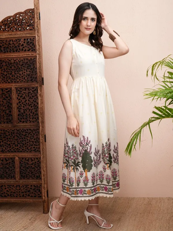 Vishudh Women Cream Printed Fit and Flare Dress