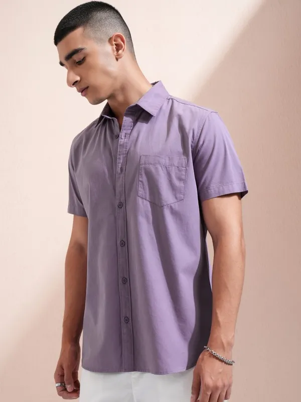 Ketch Men Lavender Solid Slim Fit Casual Shirt
