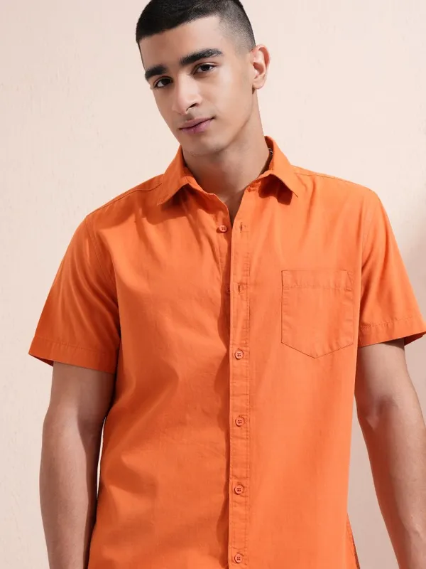 Ketch Men Orange Solid Slim Fit Casual Shirt