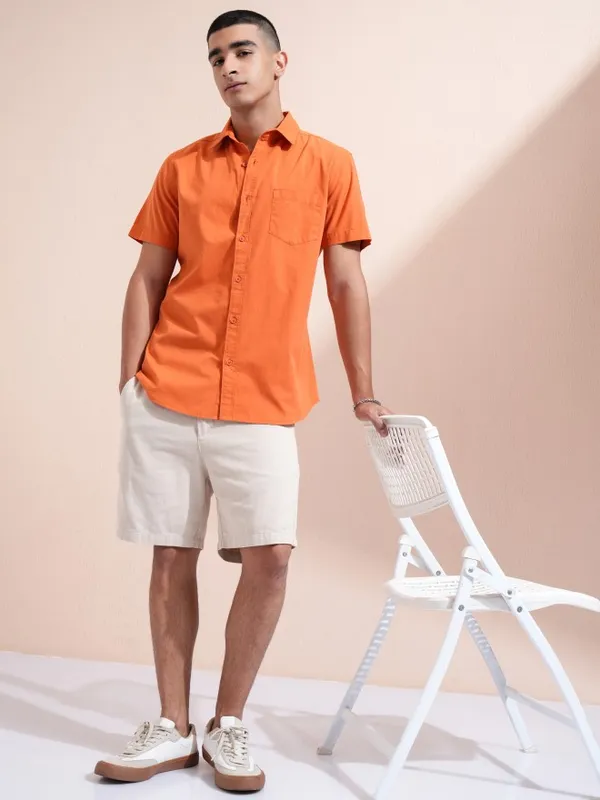 Ketch Men Orange Solid Slim Fit Casual Shirt