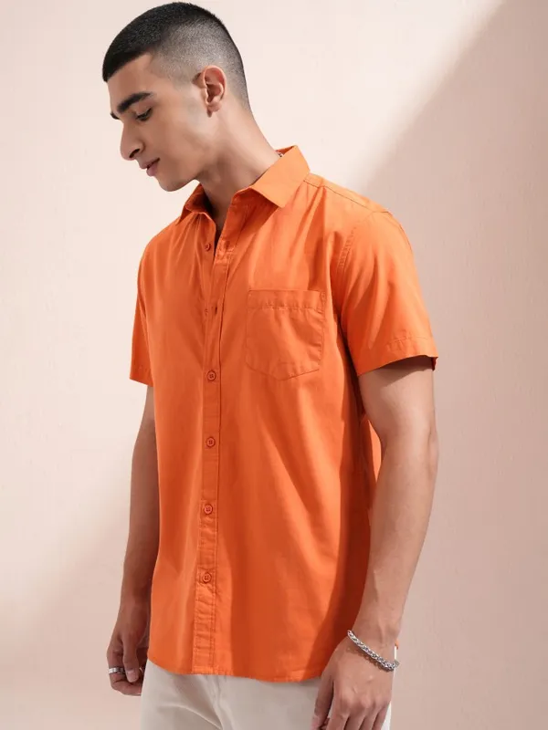 Ketch Men Orange Solid Slim Fit Casual Shirt