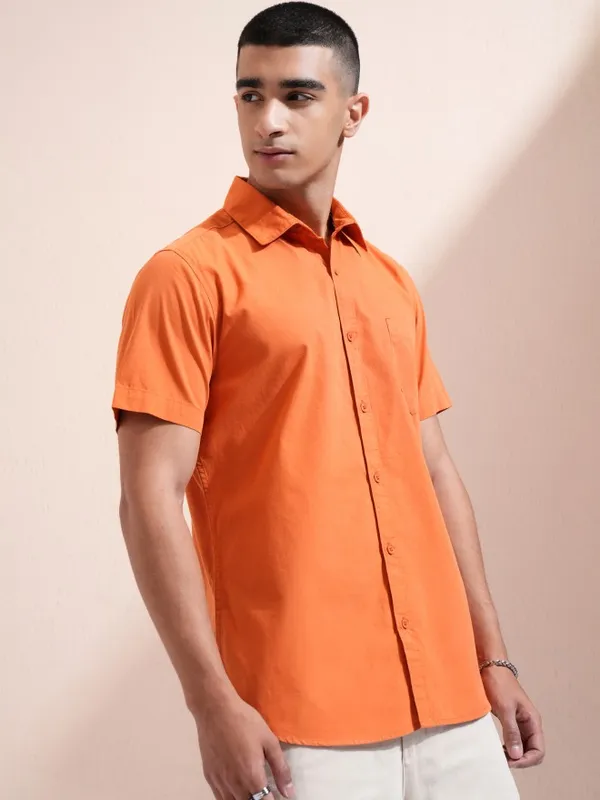 Ketch Men Orange Solid Slim Fit Casual Shirt