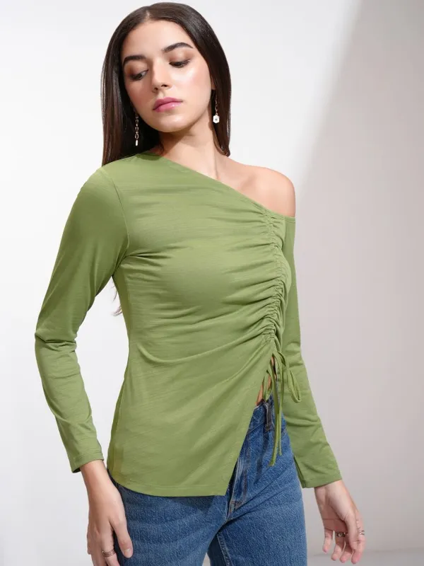 Tokyo Talkies Women Green Solid Fitted Top