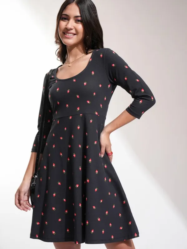 Tokyo Talkies Women Black Printed Fit And Flare Dress