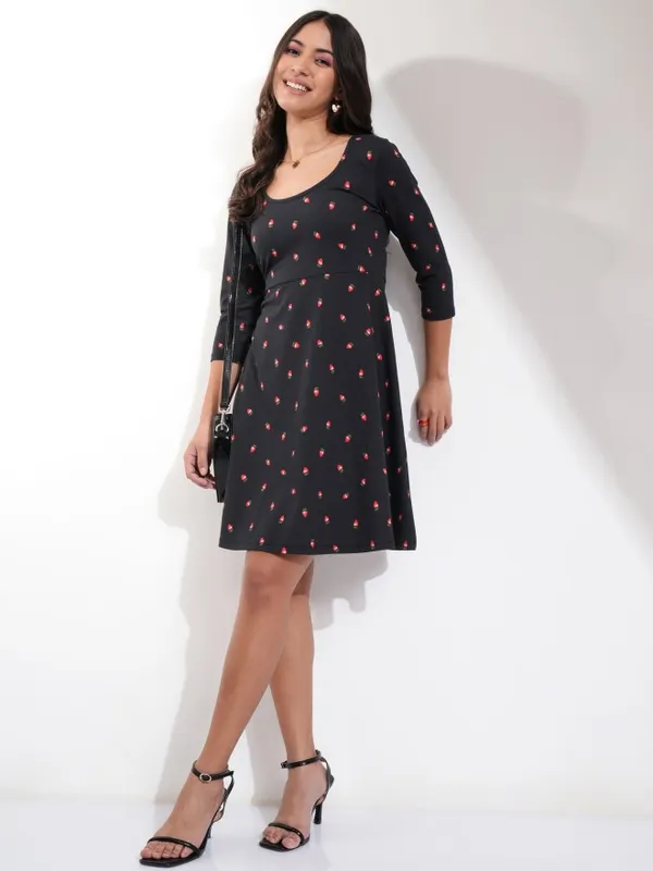 Tokyo Talkies Women Black Printed Fit And Flare Dress