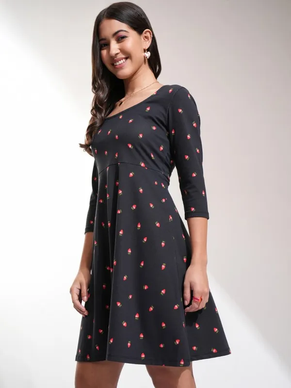 Tokyo Talkies Women Black Printed Fit And Flare Dress