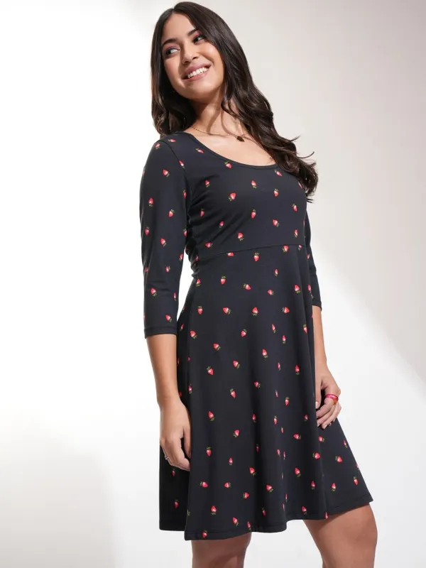 Tokyo Talkies Women Black Printed Fit And Flare Dress