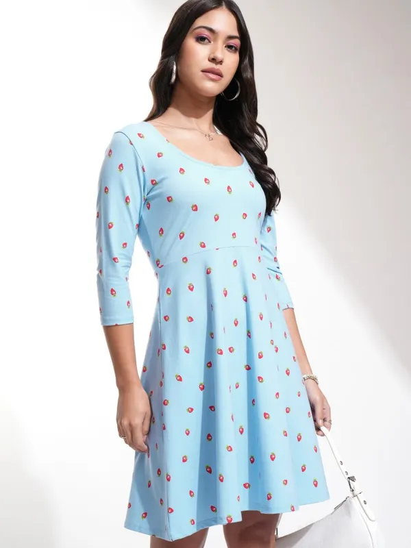 Tokyo Talkies Women Blue Printed Fit And Flare Dress