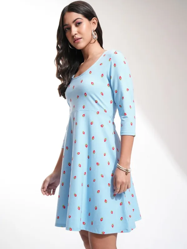 Tokyo Talkies Women Blue Printed Fit And Flare Dress