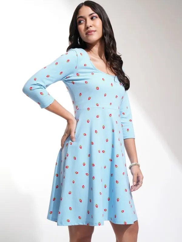 Tokyo Talkies Women Blue Printed Fit And Flare Dress