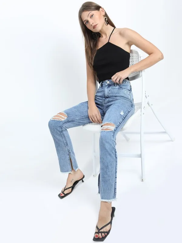 Tokyo Talkies Women Blue Flared Highly Distressed Stretchable Jeans