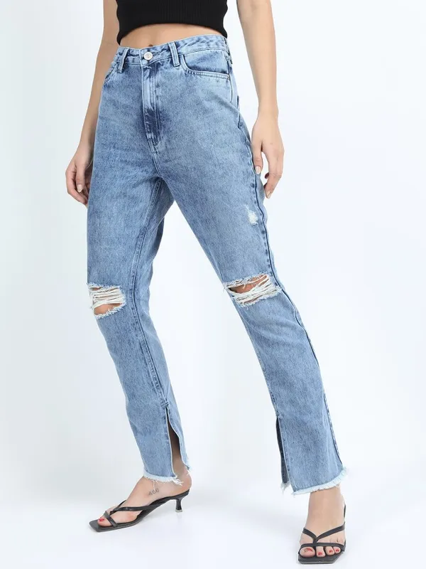 Tokyo Talkies Women Blue Flared Highly Distressed Stretchable Jeans