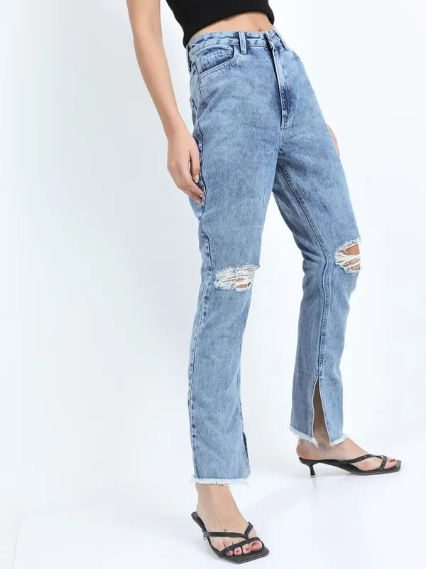 Tokyo Talkies Women Blue Flared Highly Distressed Stretchable Jeans