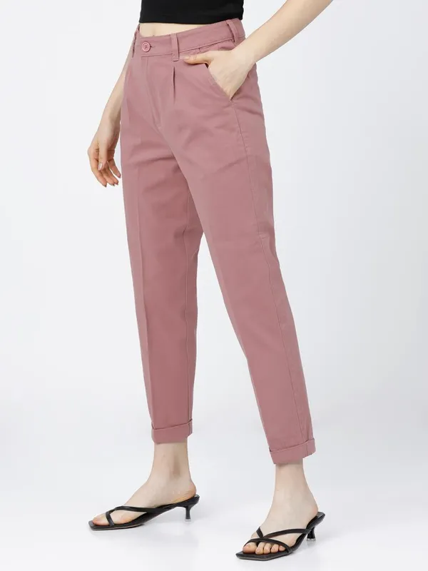 Tokyo Talkies Women Rose Solid Tapered Fit Casual Trouser