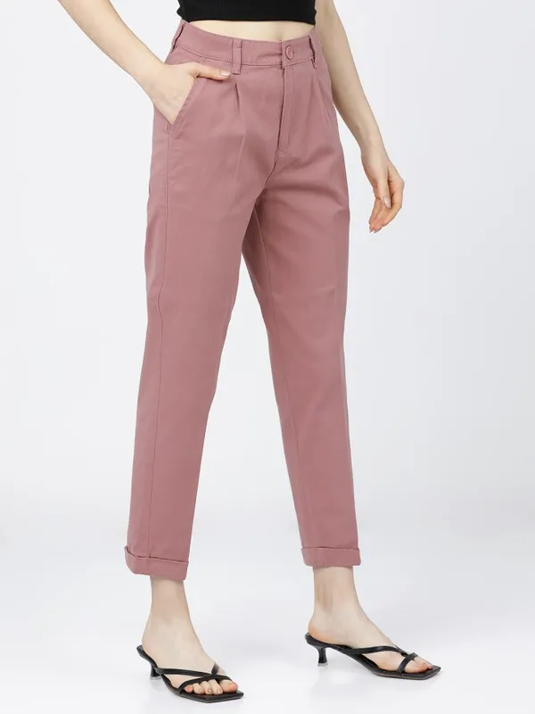 Tokyo Talkies Women Rose Solid Tapered Fit Casual Trouser