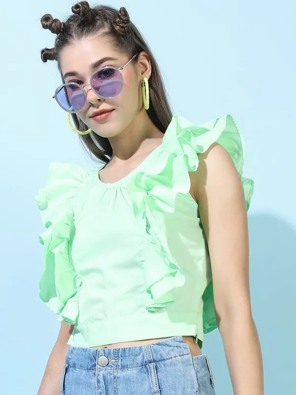 Tokyo Talkies Women Green Solid Styled Back Top