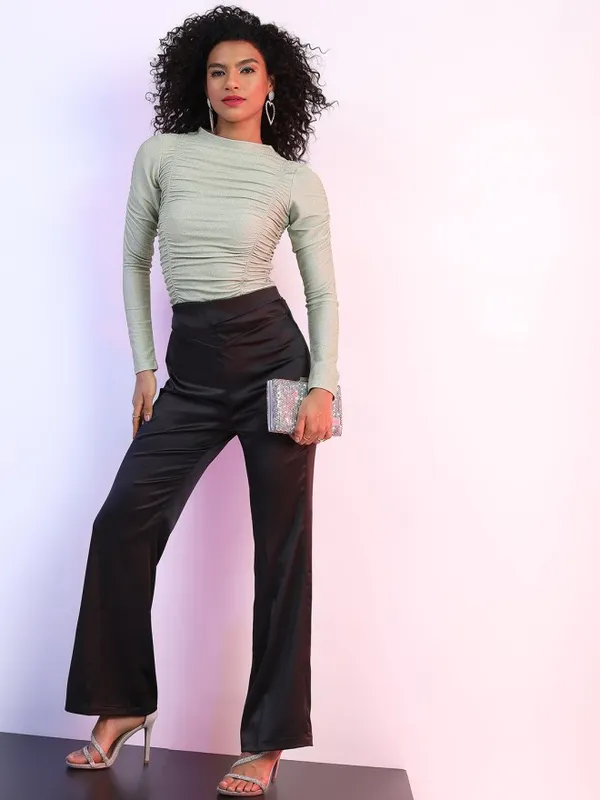 Tokyo Talkies Women Green Self Design Fitted Top