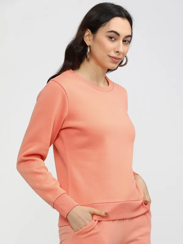 Tokyo Talkies Women Pink Solid Pullover Round Neck Sweatshirt