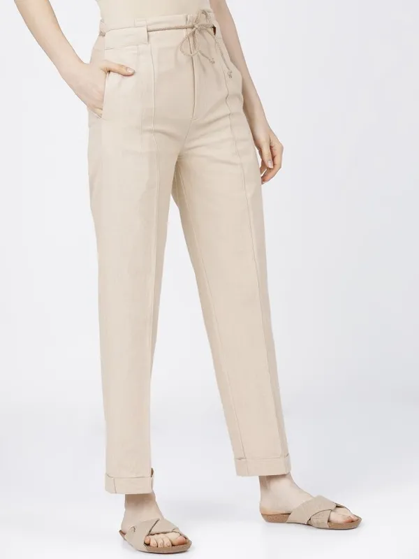 Tokyo Talkies Women Beige Solid Regular Fit Casual Trouser