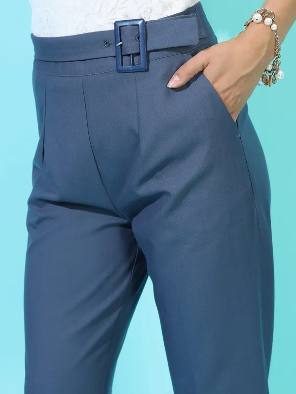 Tokyo Talkies Women Blue Solid Regular Fit Casual Trouser