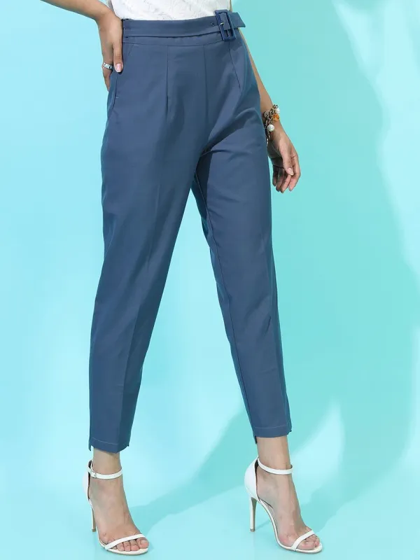Tokyo Talkies Women Blue Solid Regular Fit Casual Trouser