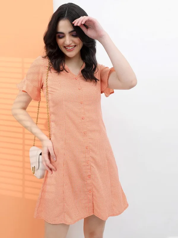 Tokyo Talkies Women Rust Checked Fit and Flare Dress