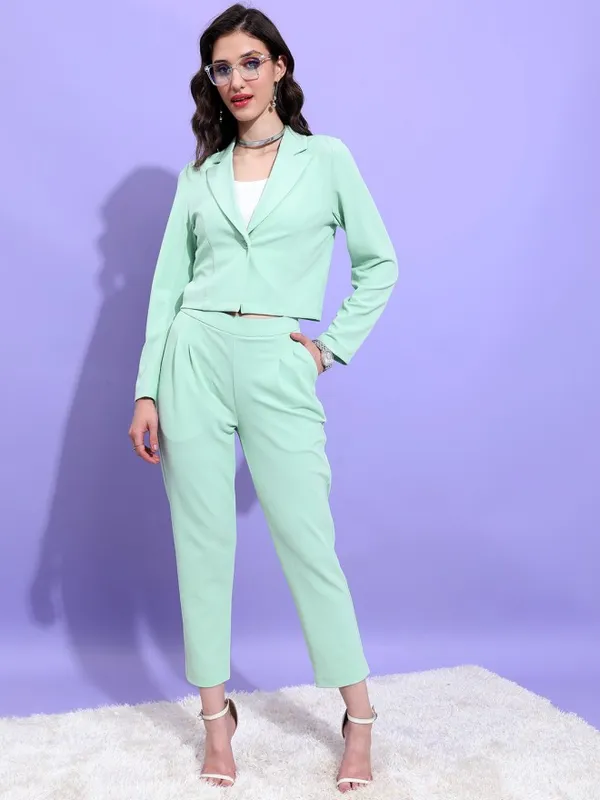 Tokyo Talkies Women Green Coat With Trousers Co-Ords