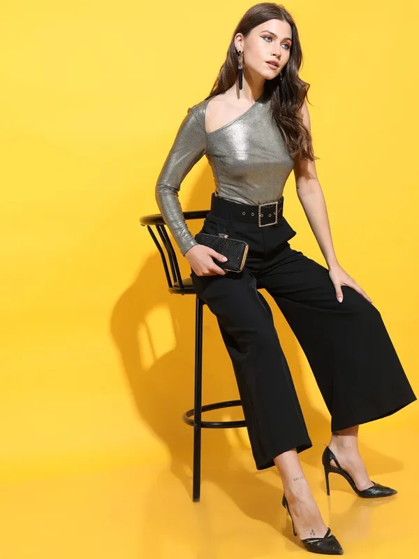 Tokyo Talkies Women Gold Solid Fitted Top